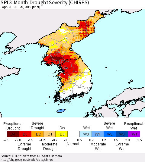 Korea SPI 3-Month Drought Severity (CHIRPS) Thematic Map For 4/21/2019 - 7/20/2019