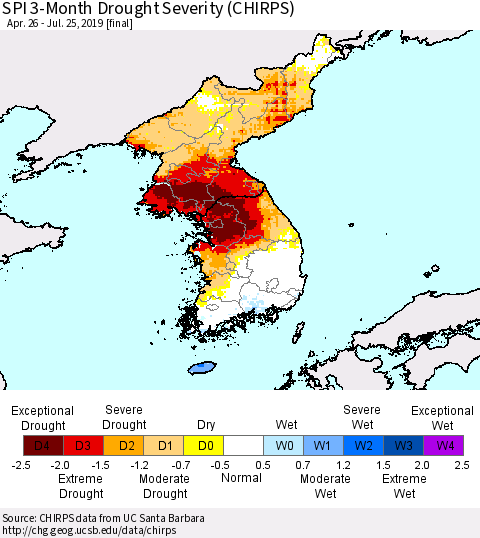 Korea SPI 3-Month Drought Severity (CHIRPS) Thematic Map For 4/26/2019 - 7/25/2019