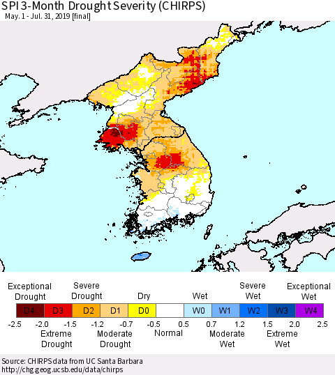 Korea SPI 3-Month Drought Severity (CHIRPS) Thematic Map For 5/1/2019 - 7/31/2019