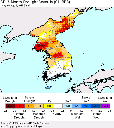 Korea SPI 3-Month Drought Severity (CHIRPS) Thematic Map For 5/6/2019 - 8/5/2019