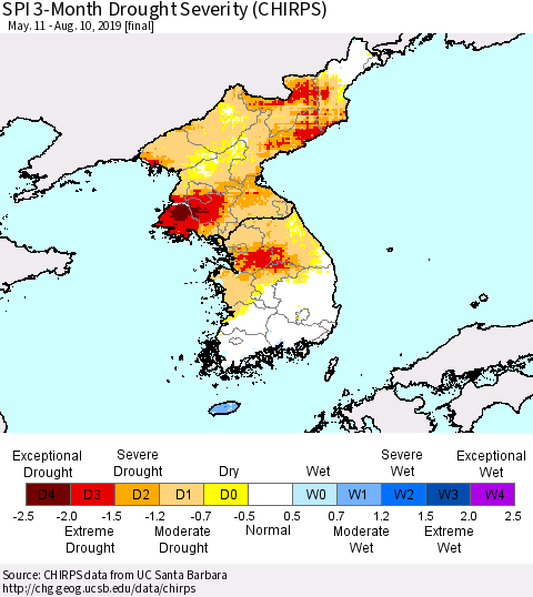 Korea SPI 3-Month Drought Severity (CHIRPS) Thematic Map For 5/11/2019 - 8/10/2019