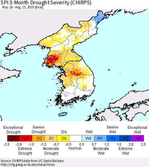 Korea SPI 3-Month Drought Severity (CHIRPS) Thematic Map For 5/16/2019 - 8/15/2019