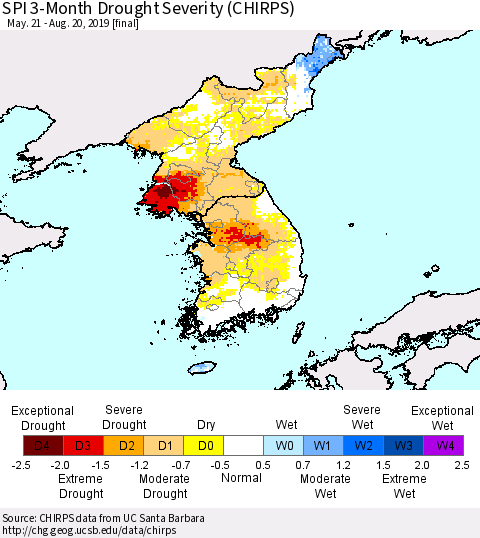 Korea SPI 3-Month Drought Severity (CHIRPS) Thematic Map For 5/21/2019 - 8/20/2019