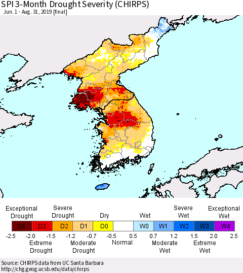 Korea SPI 3-Month Drought Severity (CHIRPS) Thematic Map For 6/1/2019 - 8/31/2019
