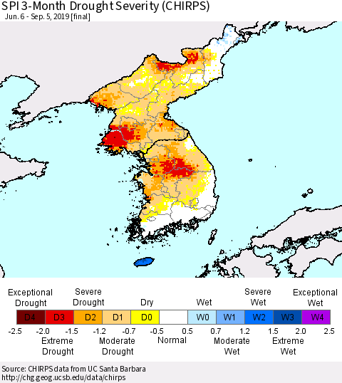 Korea SPI 3-Month Drought Severity (CHIRPS) Thematic Map For 6/6/2019 - 9/5/2019