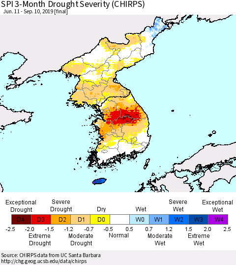 Korea SPI 3-Month Drought Severity (CHIRPS) Thematic Map For 6/11/2019 - 9/10/2019