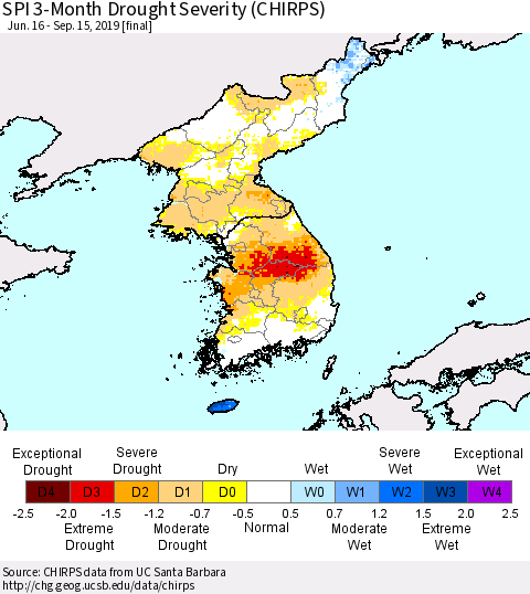 Korea SPI 3-Month Drought Severity (CHIRPS) Thematic Map For 6/16/2019 - 9/15/2019