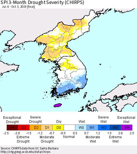 Korea SPI 3-Month Drought Severity (CHIRPS) Thematic Map For 7/6/2019 - 10/5/2019