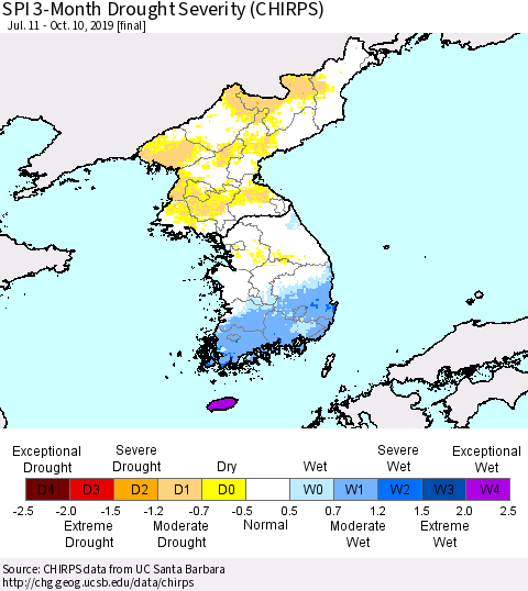 Korea SPI 3-Month Drought Severity (CHIRPS) Thematic Map For 7/11/2019 - 10/10/2019