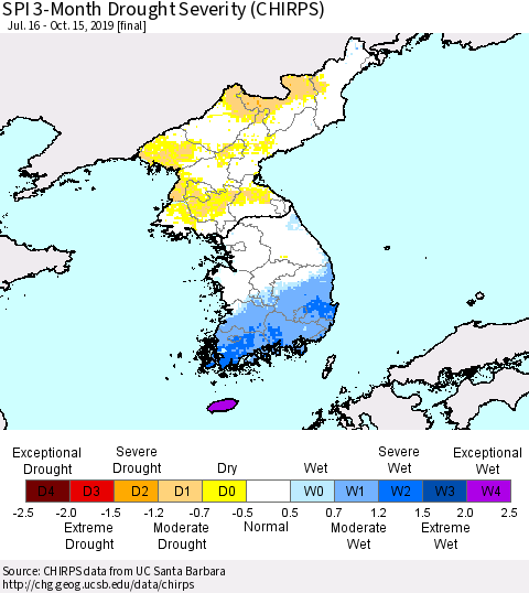 Korea SPI 3-Month Drought Severity (CHIRPS) Thematic Map For 7/16/2019 - 10/15/2019
