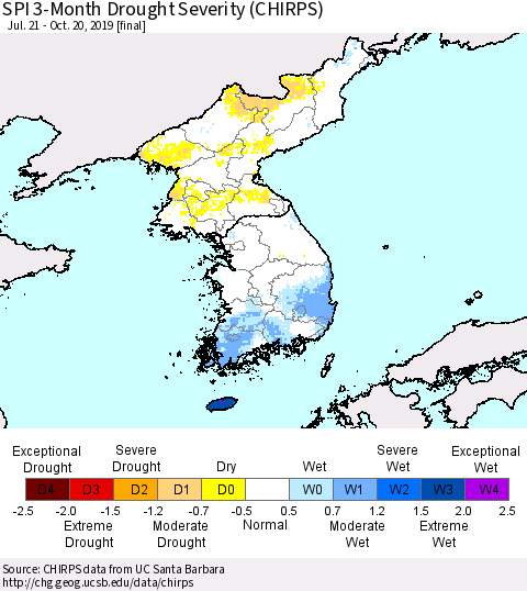 Korea SPI 3-Month Drought Severity (CHIRPS) Thematic Map For 7/21/2019 - 10/20/2019