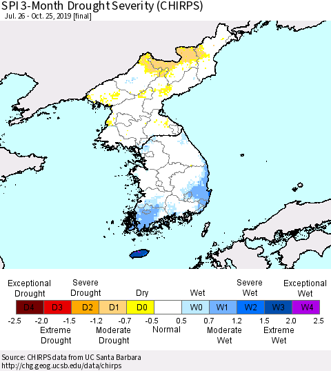 Korea SPI 3-Month Drought Severity (CHIRPS) Thematic Map For 7/26/2019 - 10/25/2019