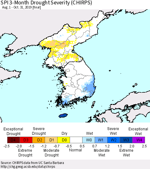 Korea SPI 3-Month Drought Severity (CHIRPS) Thematic Map For 8/1/2019 - 10/31/2019
