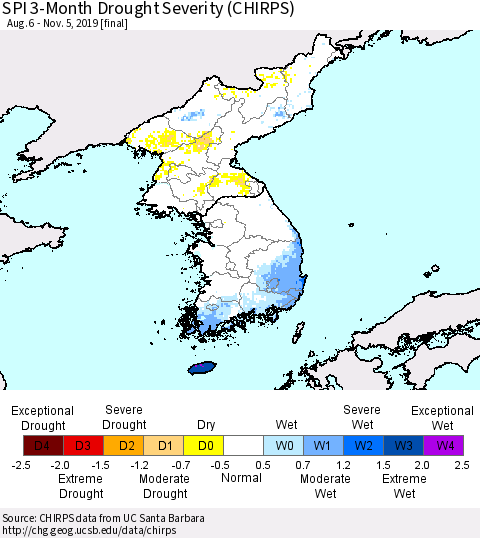 Korea SPI 3-Month Drought Severity (CHIRPS) Thematic Map For 8/6/2019 - 11/5/2019