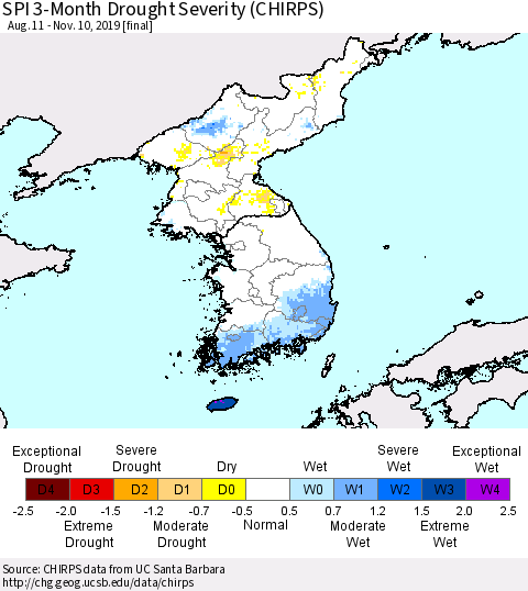 Korea SPI 3-Month Drought Severity (CHIRPS) Thematic Map For 8/11/2019 - 11/10/2019