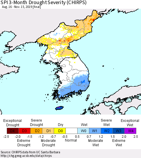 Korea SPI 3-Month Drought Severity (CHIRPS) Thematic Map For 8/16/2019 - 11/15/2019