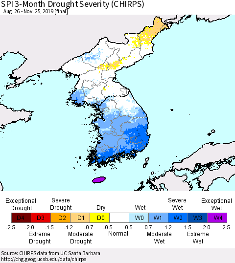 Korea SPI 3-Month Drought Severity (CHIRPS) Thematic Map For 8/26/2019 - 11/25/2019
