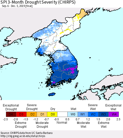 Korea SPI 3-Month Drought Severity (CHIRPS) Thematic Map For 9/6/2019 - 12/5/2019