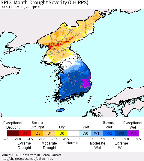 Korea SPI 3-Month Drought Severity (CHIRPS) Thematic Map For 9/11/2019 - 12/10/2019