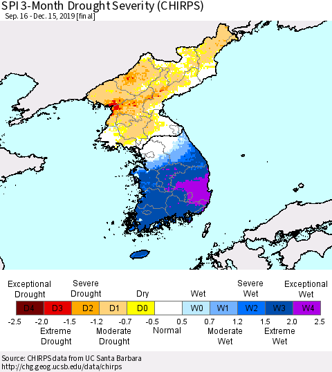 Korea SPI 3-Month Drought Severity (CHIRPS) Thematic Map For 9/16/2019 - 12/15/2019