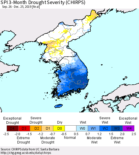 Korea SPI 3-Month Drought Severity (CHIRPS) Thematic Map For 9/26/2019 - 12/25/2019