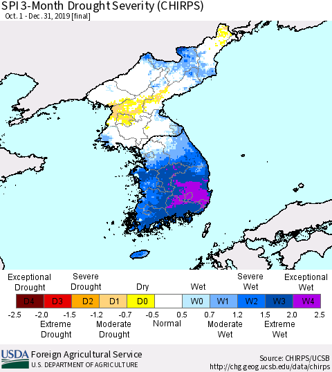 Korea SPI 3-Month Drought Severity (CHIRPS) Thematic Map For 10/1/2019 - 12/31/2019