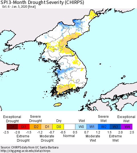 Korea SPI 3-Month Drought Severity (CHIRPS) Thematic Map For 10/6/2019 - 1/5/2020