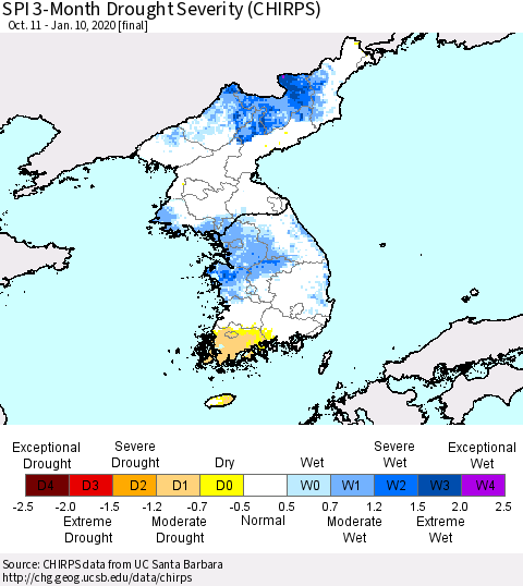Korea SPI 3-Month Drought Severity (CHIRPS) Thematic Map For 10/11/2019 - 1/10/2020