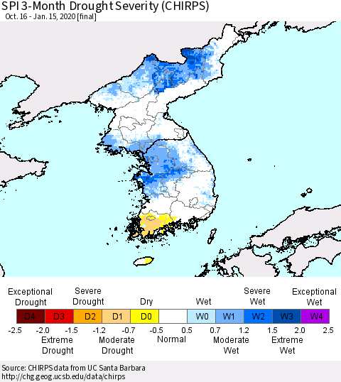Korea SPI 3-Month Drought Severity (CHIRPS) Thematic Map For 10/16/2019 - 1/15/2020