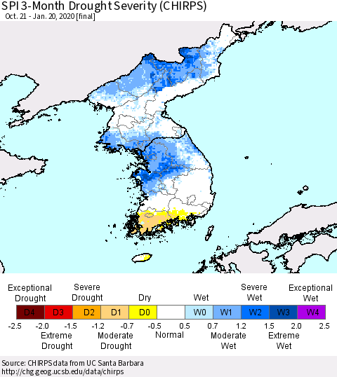 Korea SPI 3-Month Drought Severity (CHIRPS) Thematic Map For 10/21/2019 - 1/20/2020