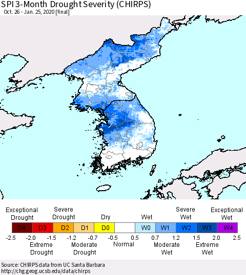 Korea SPI 3-Month Drought Severity (CHIRPS) Thematic Map For 10/26/2019 - 1/25/2020