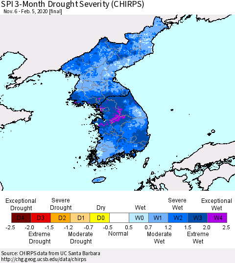 Korea SPI 3-Month Drought Severity (CHIRPS) Thematic Map For 11/6/2019 - 2/5/2020