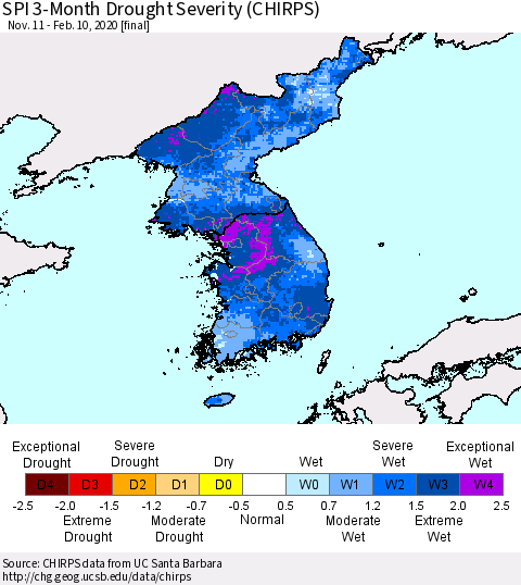 Korea SPI 3-Month Drought Severity (CHIRPS) Thematic Map For 11/11/2019 - 2/10/2020