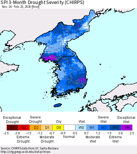 Korea SPI 3-Month Drought Severity (CHIRPS) Thematic Map For 11/26/2019 - 2/25/2020