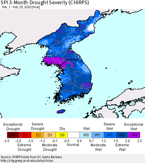 Korea SPI 3-Month Drought Severity (CHIRPS) Thematic Map For 12/1/2019 - 2/29/2020