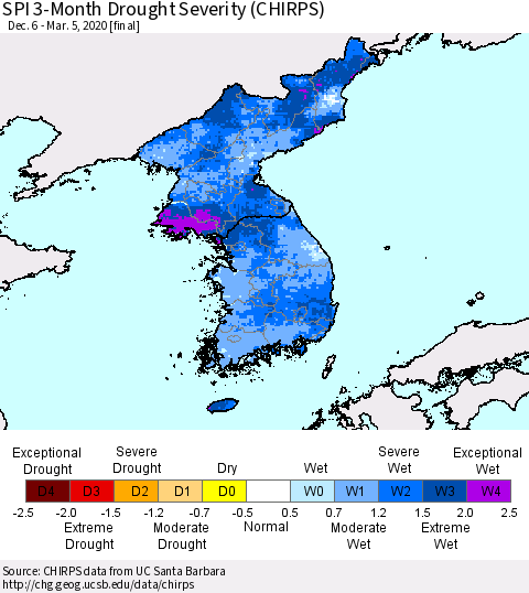 Korea SPI 3-Month Drought Severity (CHIRPS) Thematic Map For 12/6/2019 - 3/5/2020