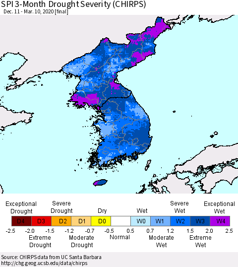 Korea SPI 3-Month Drought Severity (CHIRPS) Thematic Map For 12/11/2019 - 3/10/2020