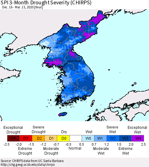 Korea SPI 3-Month Drought Severity (CHIRPS) Thematic Map For 12/16/2019 - 3/15/2020
