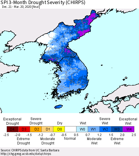 Korea SPI 3-Month Drought Severity (CHIRPS) Thematic Map For 12/21/2019 - 3/20/2020