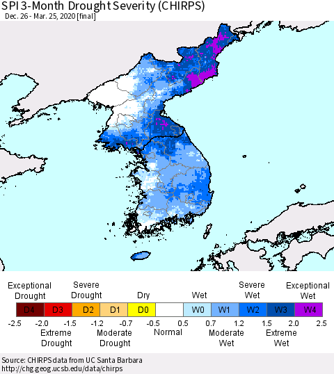 Korea SPI 3-Month Drought Severity (CHIRPS) Thematic Map For 12/26/2019 - 3/25/2020