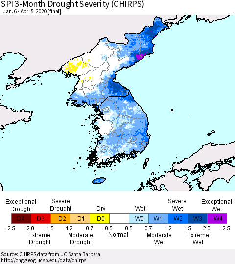 Korea SPI 3-Month Drought Severity (CHIRPS) Thematic Map For 1/6/2020 - 4/5/2020