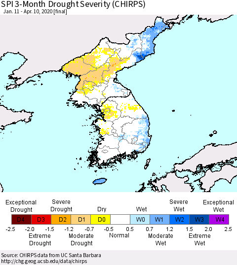 Korea SPI 3-Month Drought Severity (CHIRPS) Thematic Map For 1/11/2020 - 4/10/2020