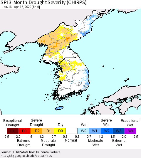 Korea SPI 3-Month Drought Severity (CHIRPS) Thematic Map For 1/16/2020 - 4/15/2020