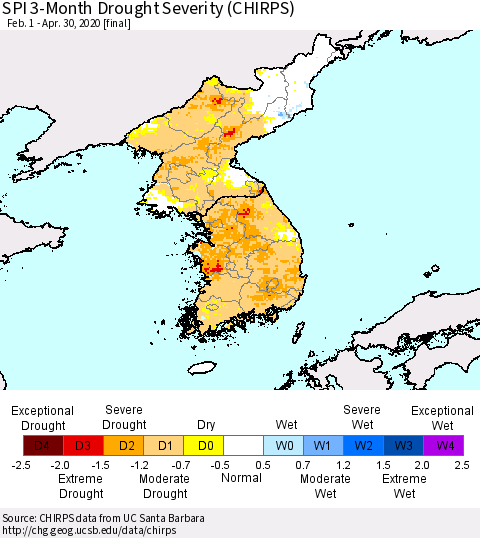 Korea SPI 3-Month Drought Severity (CHIRPS) Thematic Map For 2/1/2020 - 4/30/2020