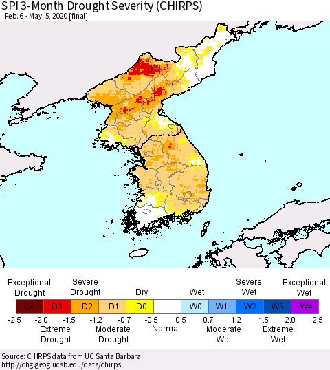 Korea SPI 3-Month Drought Severity (CHIRPS) Thematic Map For 2/6/2020 - 5/5/2020