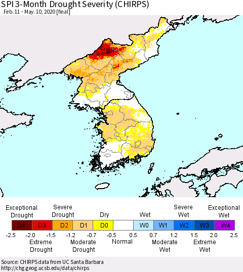 Korea SPI 3-Month Drought Severity (CHIRPS) Thematic Map For 2/11/2020 - 5/10/2020
