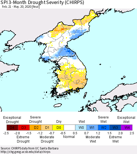 Korea SPI 3-Month Drought Severity (CHIRPS) Thematic Map For 2/21/2020 - 5/20/2020