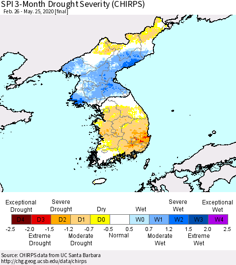 Korea SPI 3-Month Drought Severity (CHIRPS) Thematic Map For 2/26/2020 - 5/25/2020