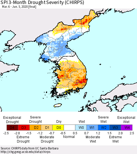 Korea SPI 3-Month Drought Severity (CHIRPS) Thematic Map For 3/6/2020 - 6/5/2020
