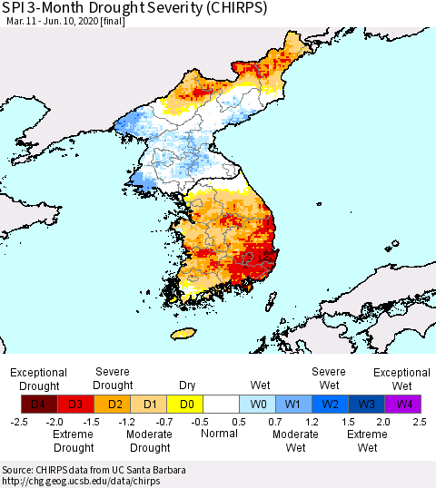 Korea SPI 3-Month Drought Severity (CHIRPS) Thematic Map For 3/11/2020 - 6/10/2020